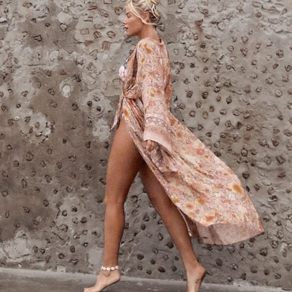 New Boho Floral Kimono Blue Maxi Duster Jacket - Picture 12 of 13